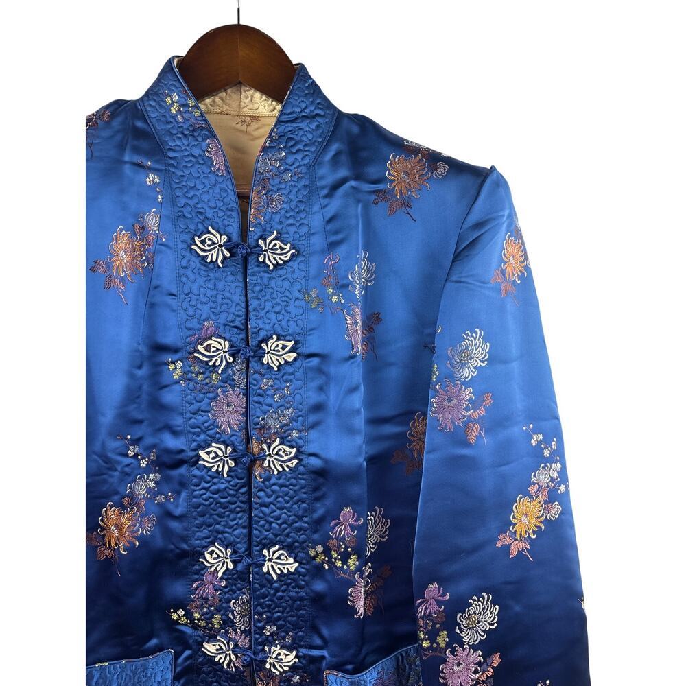 Women’s Large Reversible Royal Blue & Gold Kimono Style Blouse w/ Floral Pattern - Picture 2 of 6